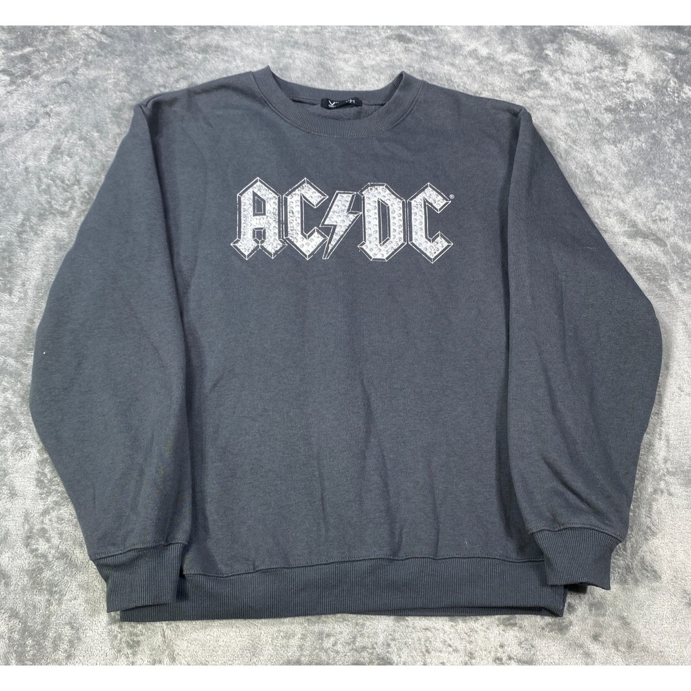 AC/DC Sweater Medium Gray Fleece Y2K Graphic Metal Ball Chain Fringe Rock Band